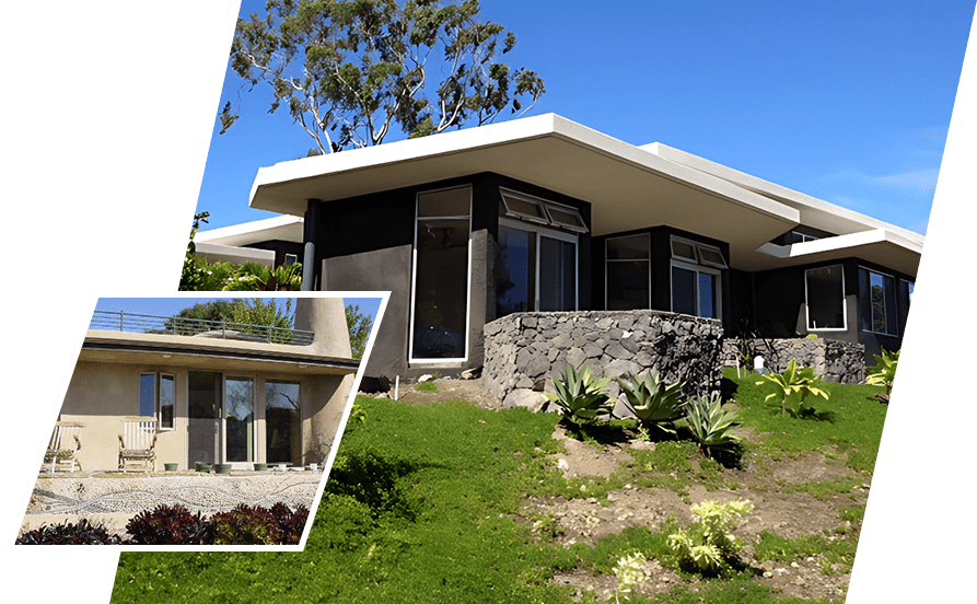 Two pictures of a house on a hill.