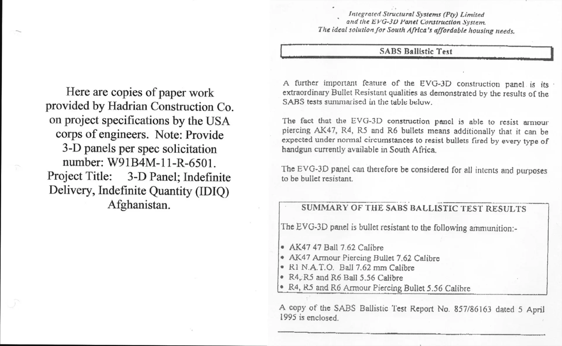 SABS ballistic test results for construction panel.